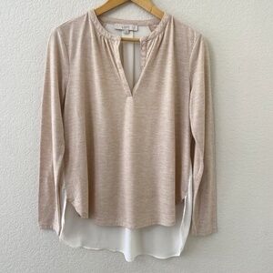 Loft Blouse Top Size Small Tan Mixed Media Hi Lo Hem